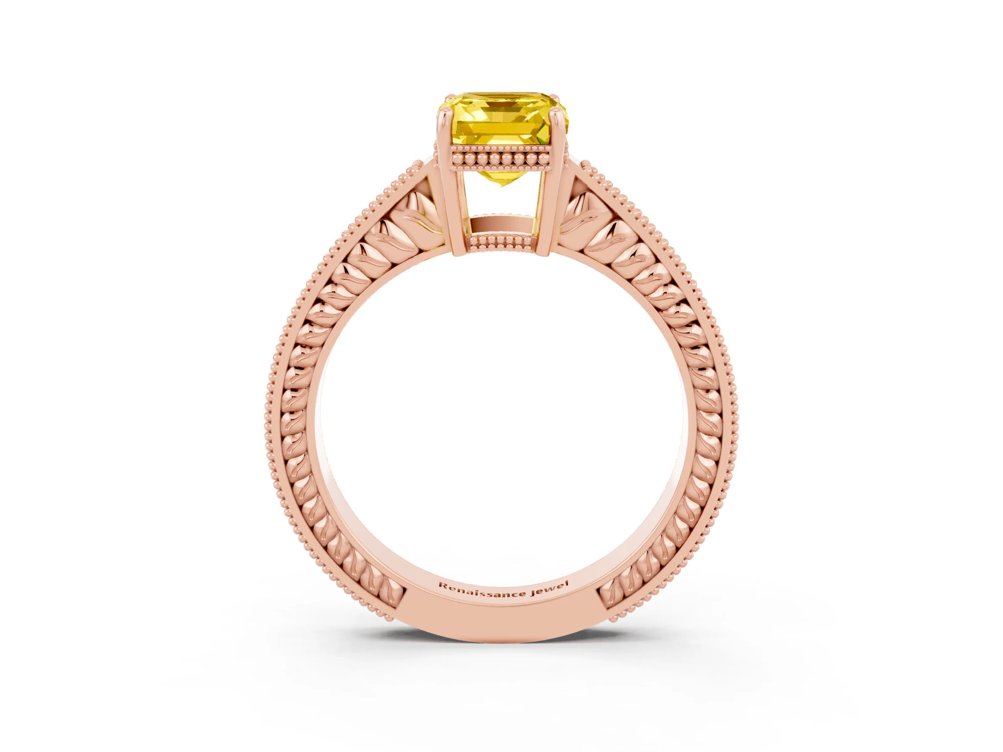 Rose gold Emerald Cut Yellow Sapphire Ring with Milgrain Pavé Band and Four-Prong Setting_39