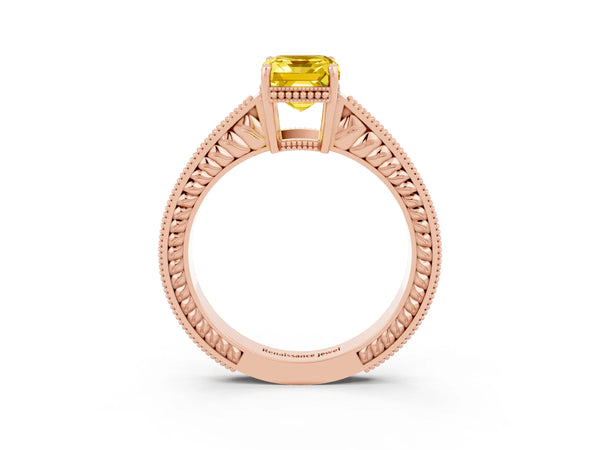 Rose gold Emerald Cut Yellow Sapphire Ring with Milgrain Pavé Band and Four-Prong Setting
