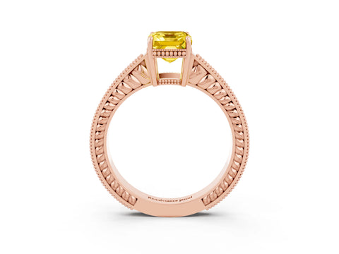 Rose gold Emerald Cut Yellow Sapphire Ring with Milgrain Pavé Band and Four-Prong Setting_39