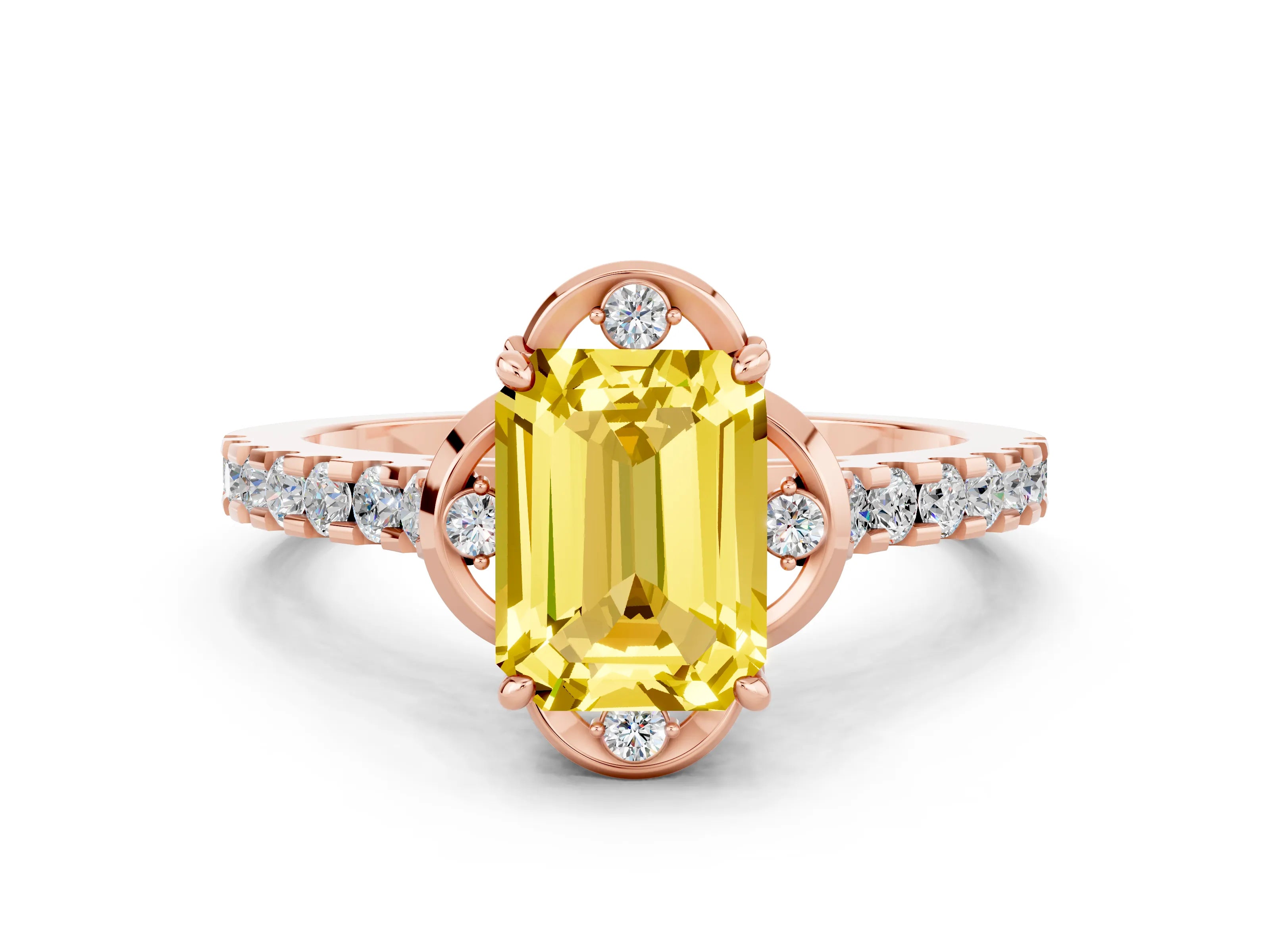 Rose gold Emerald Cut Yellow Sapphire Ring with Pavé Band and Floral Prong Setting