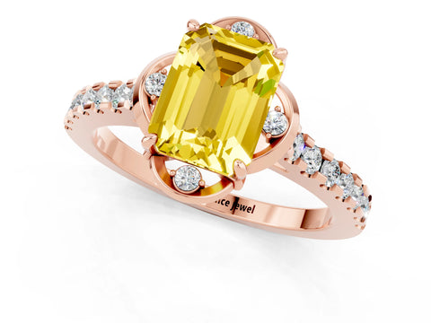 Rose gold Emerald Cut Yellow Sapphire Ring with Pavé Band and Floral Prong Setting_1
