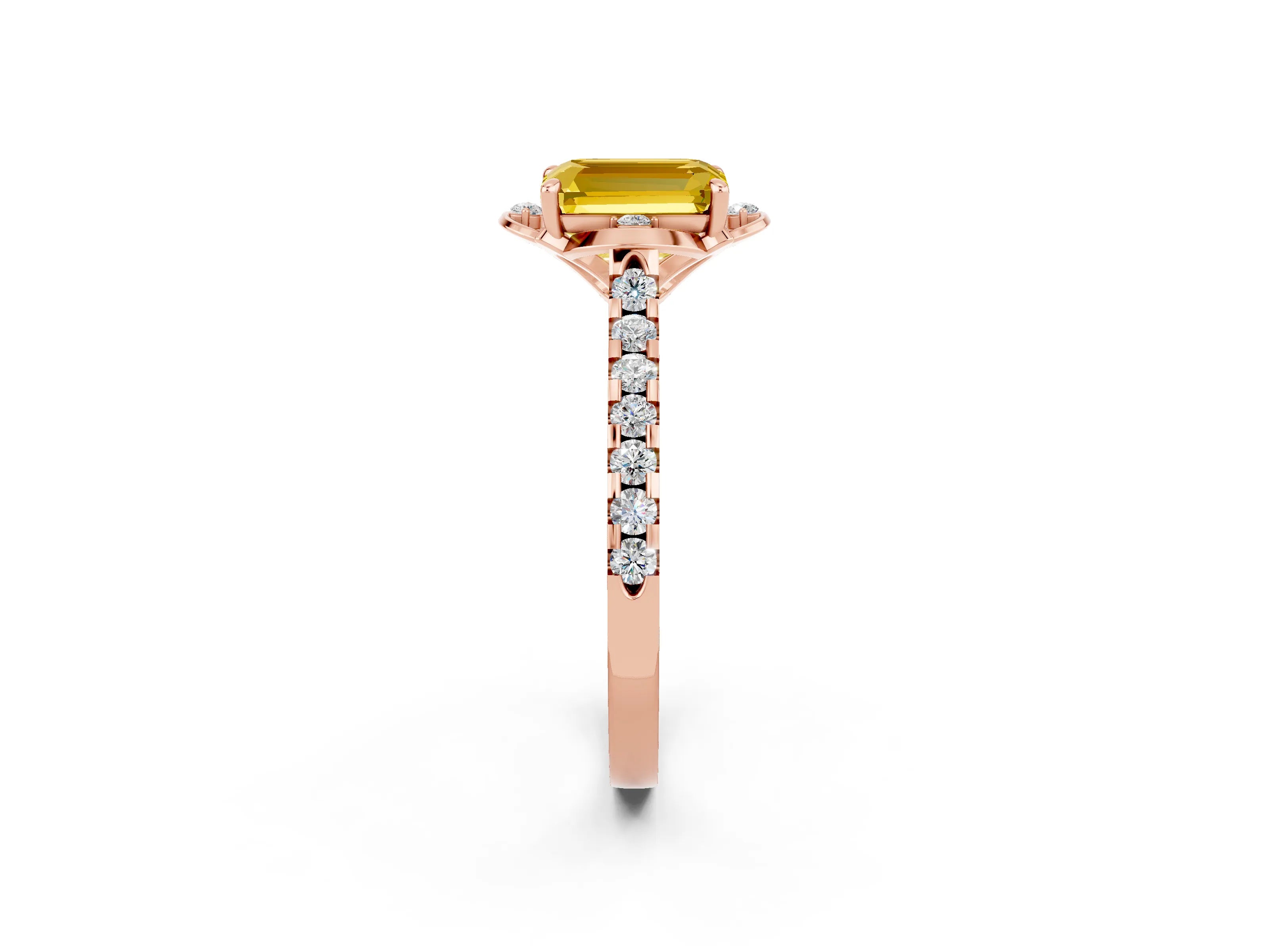 Rose gold Emerald Cut Yellow Sapphire Ring with Pavé Band and Floral Prong Setting_2