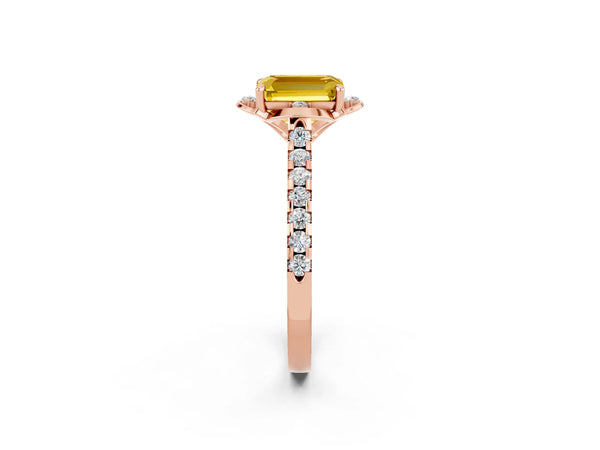 Rose gold Emerald Cut Yellow Sapphire Ring with Pavé Band and Floral Prong Setting
