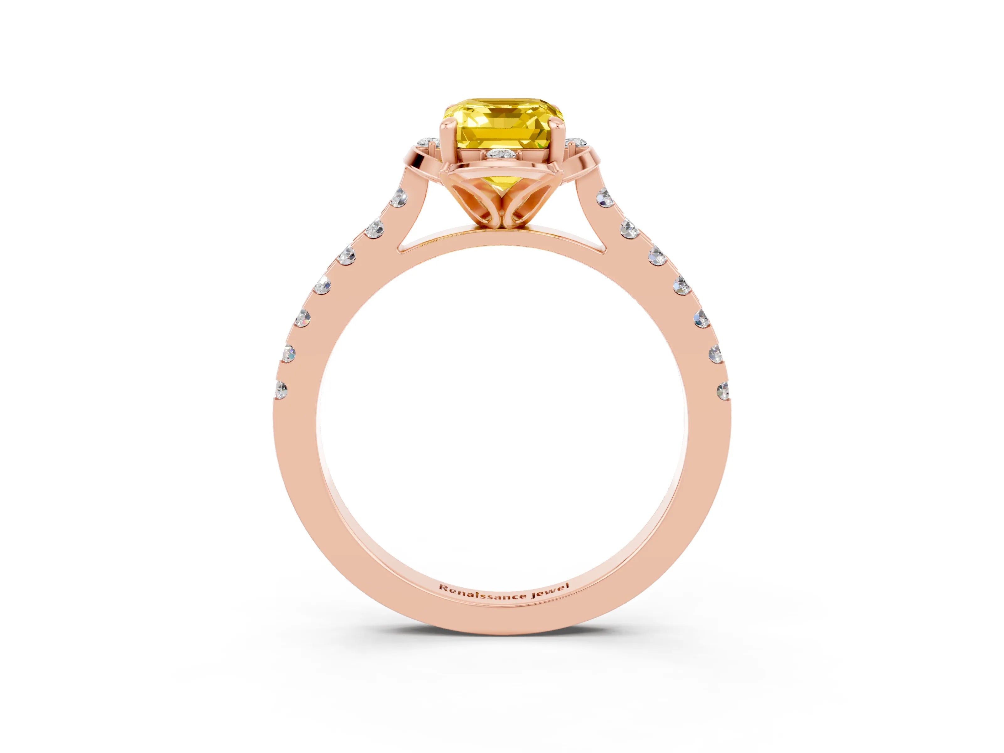 Rose gold Emerald Cut Yellow Sapphire Ring with Pavé Band and Floral Prong Setting_3