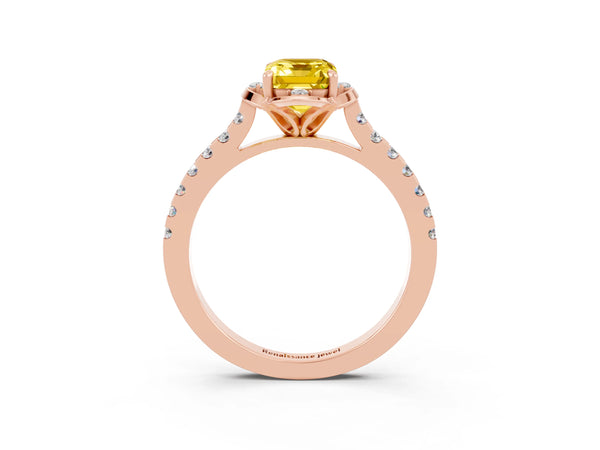 Rose gold Emerald Cut Yellow Sapphire Ring with Pavé Band and Floral Prong Setting