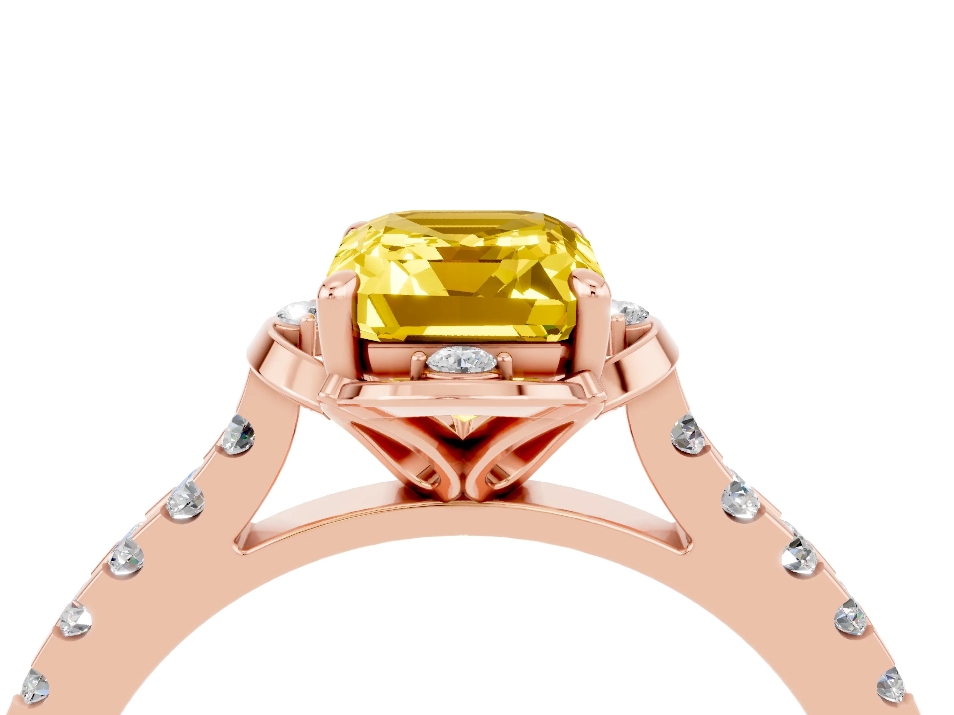 Rose gold Emerald Cut Yellow Sapphire Ring with Pavé Band and Floral Prong Setting_4