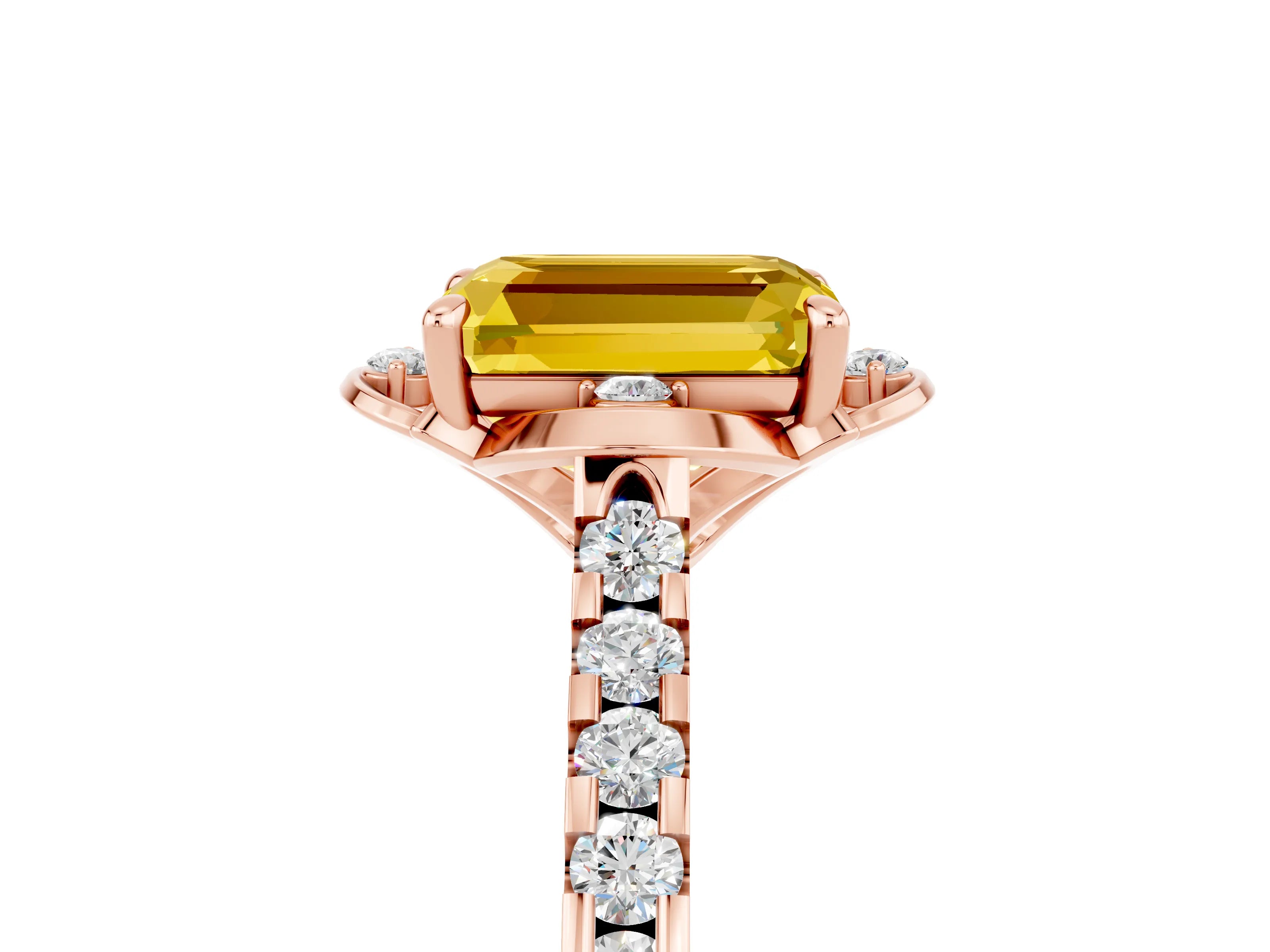Rose gold Emerald Cut Yellow Sapphire Ring with Pavé Band and Floral Prong Setting_5