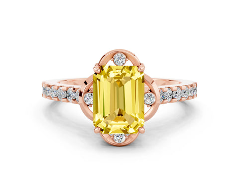 Rose gold Emerald Cut Yellow Sapphire Ring with Pavé Band and Floral Prong Setting
