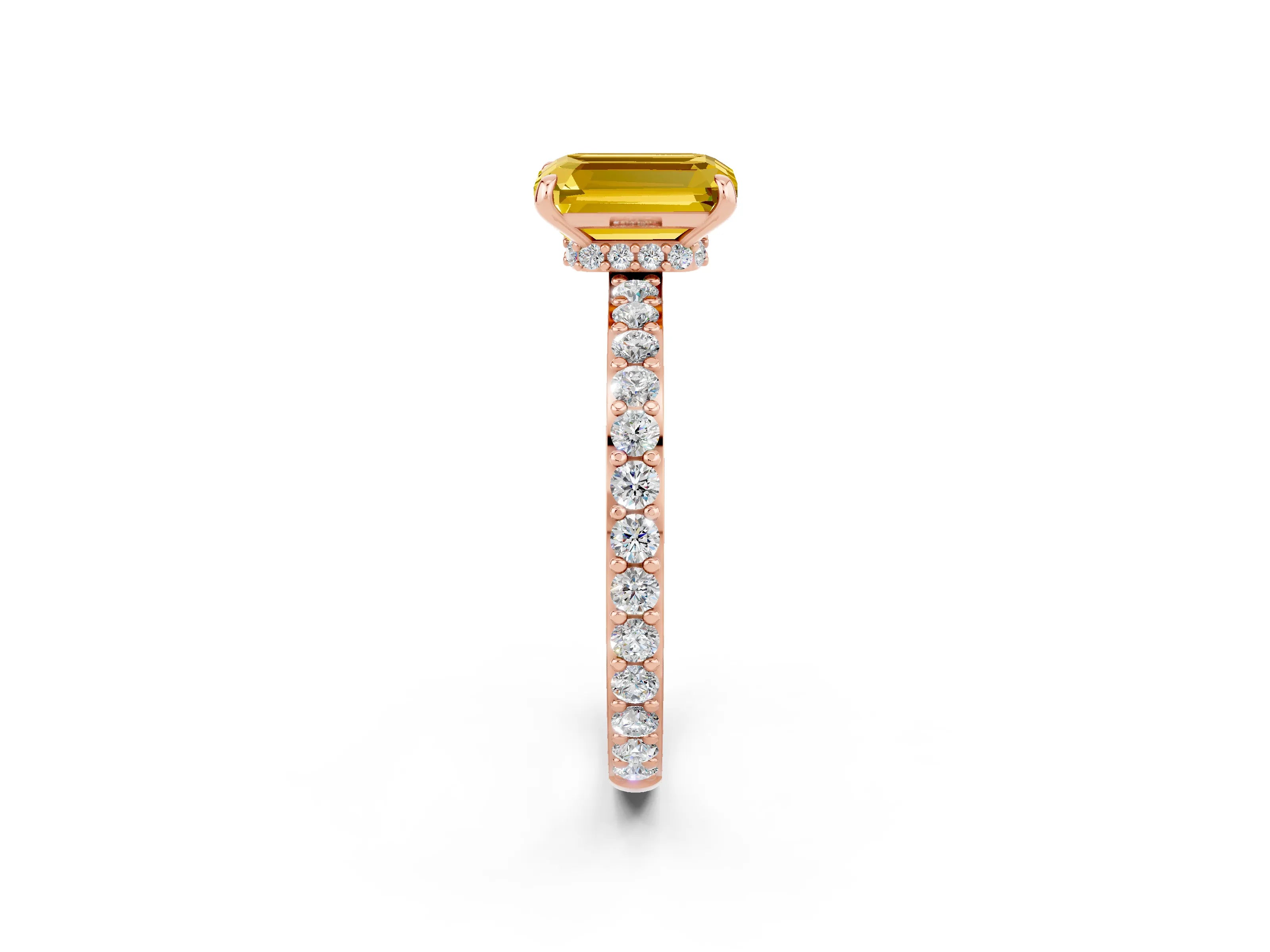 Rose gold Emerald Cut Yellow Sapphire Ring with Pavé Band and Four-Prong Setting_26