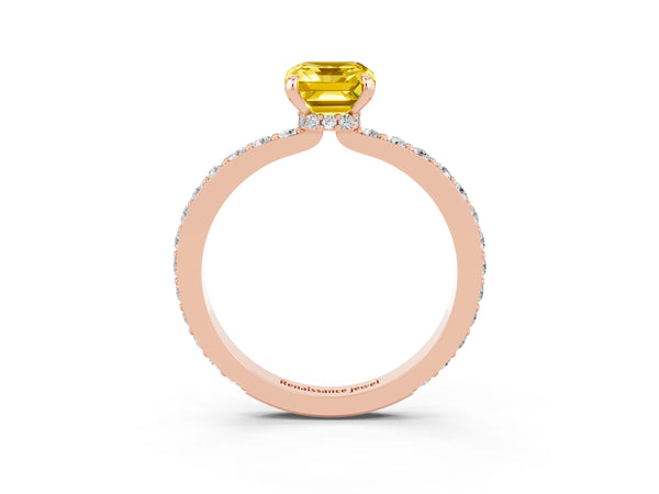 Rose gold Emerald Cut Yellow Sapphire Pavé Engagement Ring with Round  Accents and Prong Setting