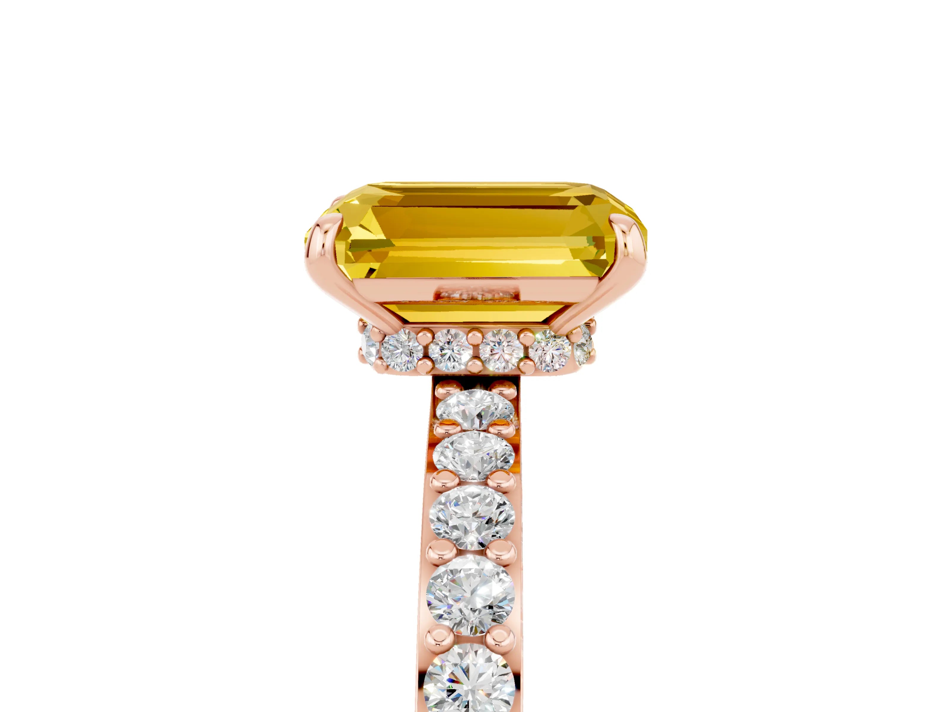 Rose gold Emerald Cut Yellow Sapphire Ring with Pavé Band and Four-Prong Setting_29