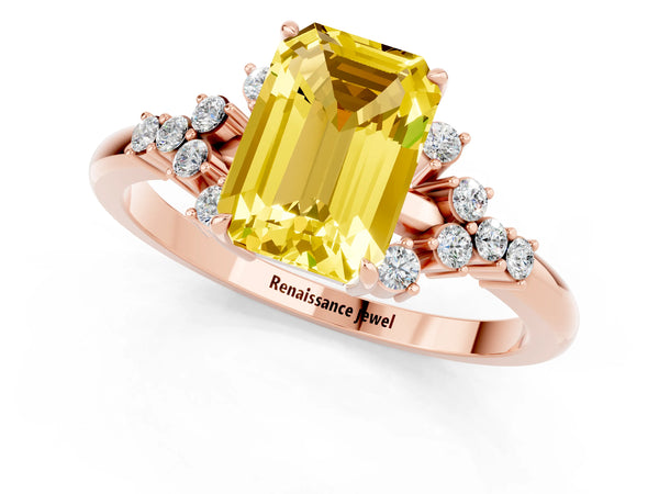 Rose gold Emerald Cut Yellow Sapphire Ring with Side Stones and Four-Prong Setting