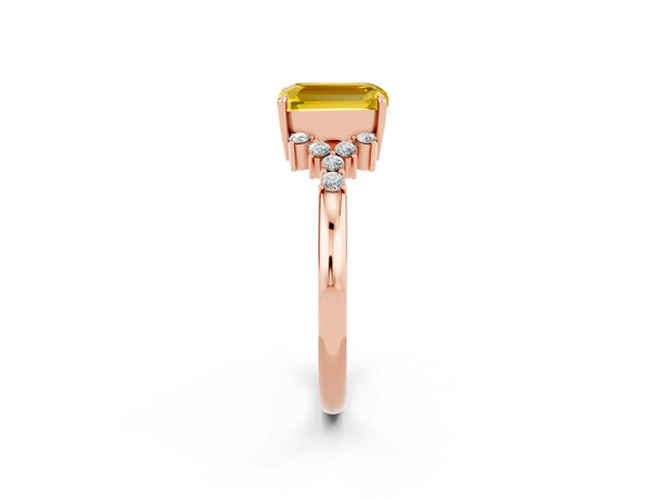 Rose gold Emerald Cut Yellow Sapphire Ring with Side Stones and Four-Prong Setting