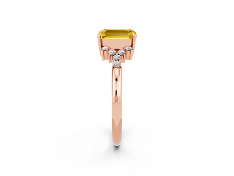 Rose gold Emerald Cut Yellow Sapphire Ring with Side Stones and Four-Prong Setting_62