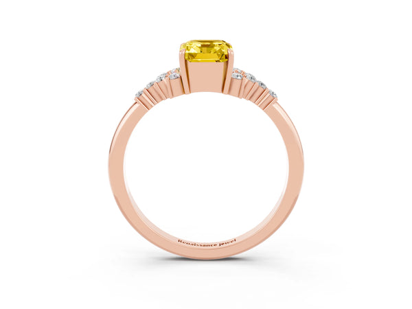 Rose gold Emerald Cut Yellow Sapphire Ring with Side Stones and Four-Prong Setting