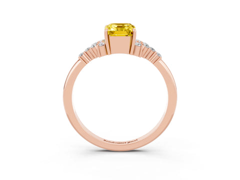 Rose gold Emerald Cut Yellow Sapphire Ring with Side Stones and Four-Prong Setting_63