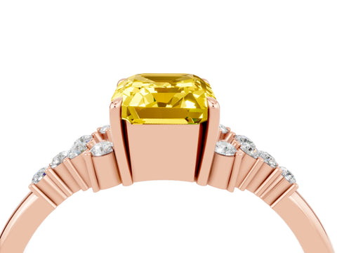 Rose gold Emerald Cut Yellow Sapphire Ring with Side Stones and Four-Prong Setting_64
