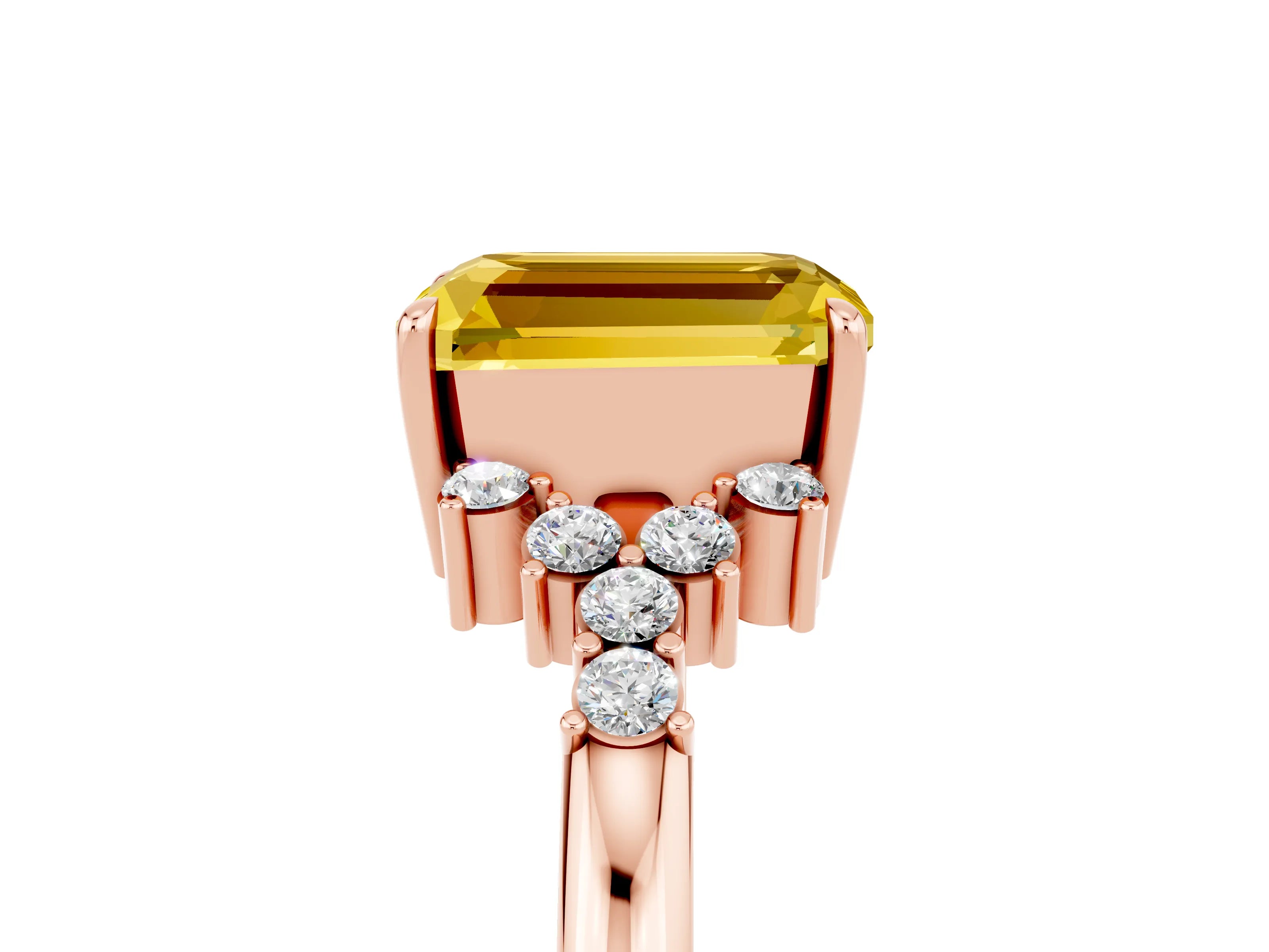Rose gold Emerald Cut Yellow Sapphire Ring with Side Stones and Four-Prong Setting_65