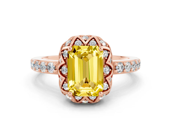 Rose gold Emerald Cut Yellow Sapphire Scalloped Halo Engagement Ring with Round Shared Prong Band