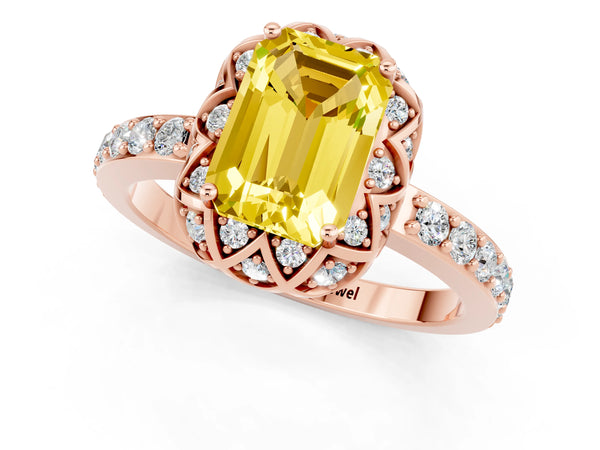 Rose gold Emerald Cut Yellow Sapphire Scalloped Halo Engagement Ring with Round Shared Prong Band