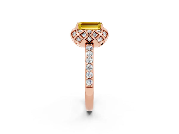 Rose gold Emerald Cut Yellow Sapphire Scalloped Halo Engagement Ring with Round Shared Prong Band