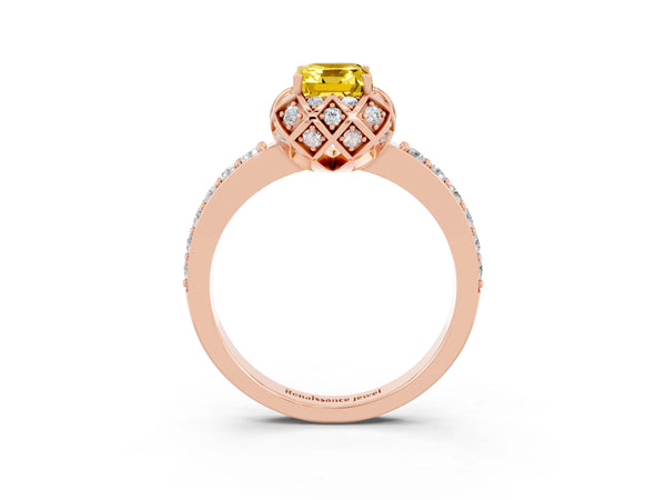 Rose gold Emerald Cut Yellow Sapphire Scalloped Halo Engagement Ring with Round Shared Prong Band