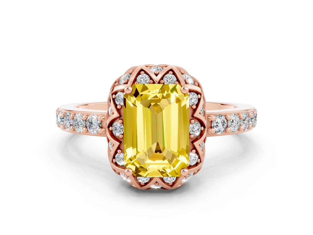 Rose gold Emerald Cut Yellow Sapphire Scalloped Halo Engagement Ring with Round Shared Prong Band_24