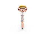 Rose gold Emerald Cut Yellow Sapphire Scalloped Halo Engagement Ring with Round Shared Prong Band_26