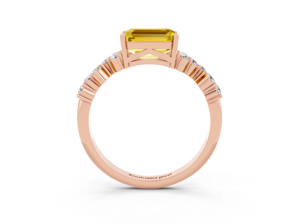 Rose gold Emerald Cut Yellow Sapphire Scattered Round Accent Ring with Prong Setting