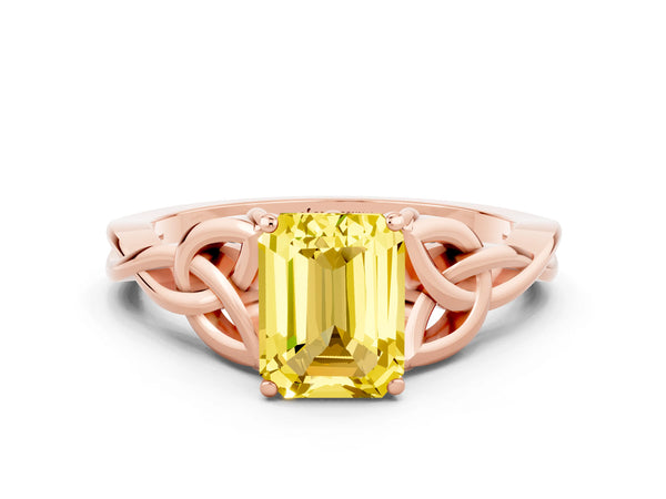 Rose gold Emerald Cut Yellow Sapphire Solitaire Celtic Knot Ring with Four-Prong Setting