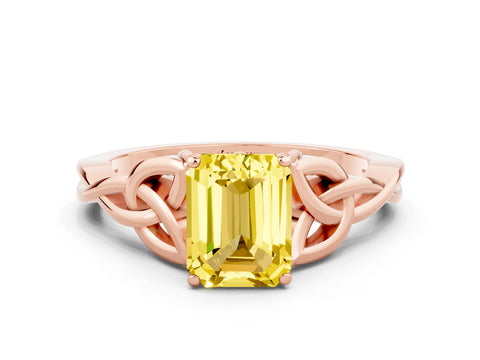 Rose gold Emerald Cut Yellow Sapphire Solitaire Celtic Knot Ring with Four-Prong Setting_24