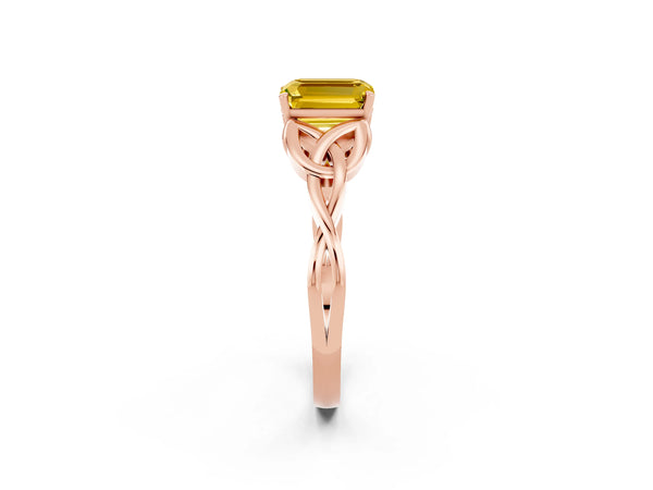 Rose gold Emerald Cut Yellow Sapphire Solitaire Celtic Knot Ring with Four-Prong Setting