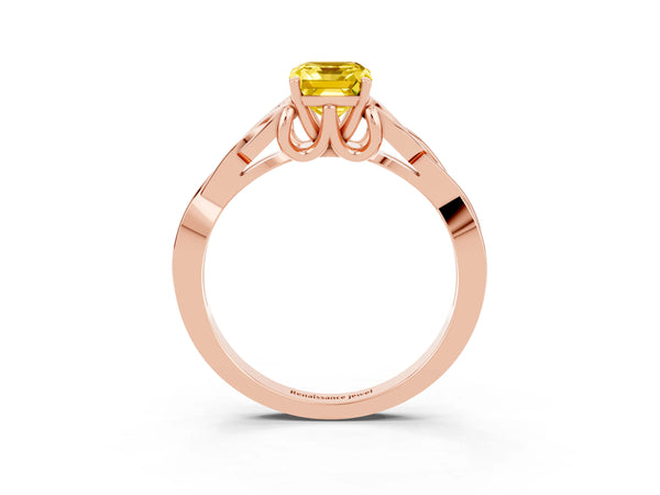 Rose gold Emerald Cut Yellow Sapphire Solitaire Celtic Knot Ring with Four-Prong Setting