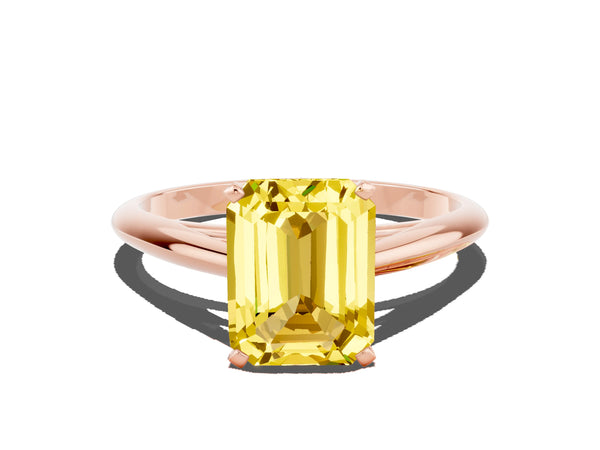 Rose gold Emerald Cut Yellow Sapphire Solitaire Engagement Ring with Cathedral Setting and Four-Prong Mount