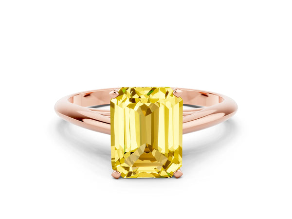 Rose gold Emerald Cut Yellow Sapphire Solitaire Engagement Ring with Cathedral Setting and Four-Prong Mount