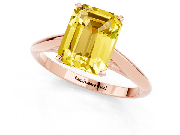Rose gold Emerald Cut Yellow Sapphire Solitaire Engagement Ring with Cathedral Setting and Four-Prong Mount