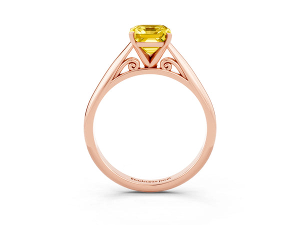 Rose gold Emerald Cut Yellow Sapphire Solitaire Engagement Ring with Cathedral Setting and Four-Prong Mount