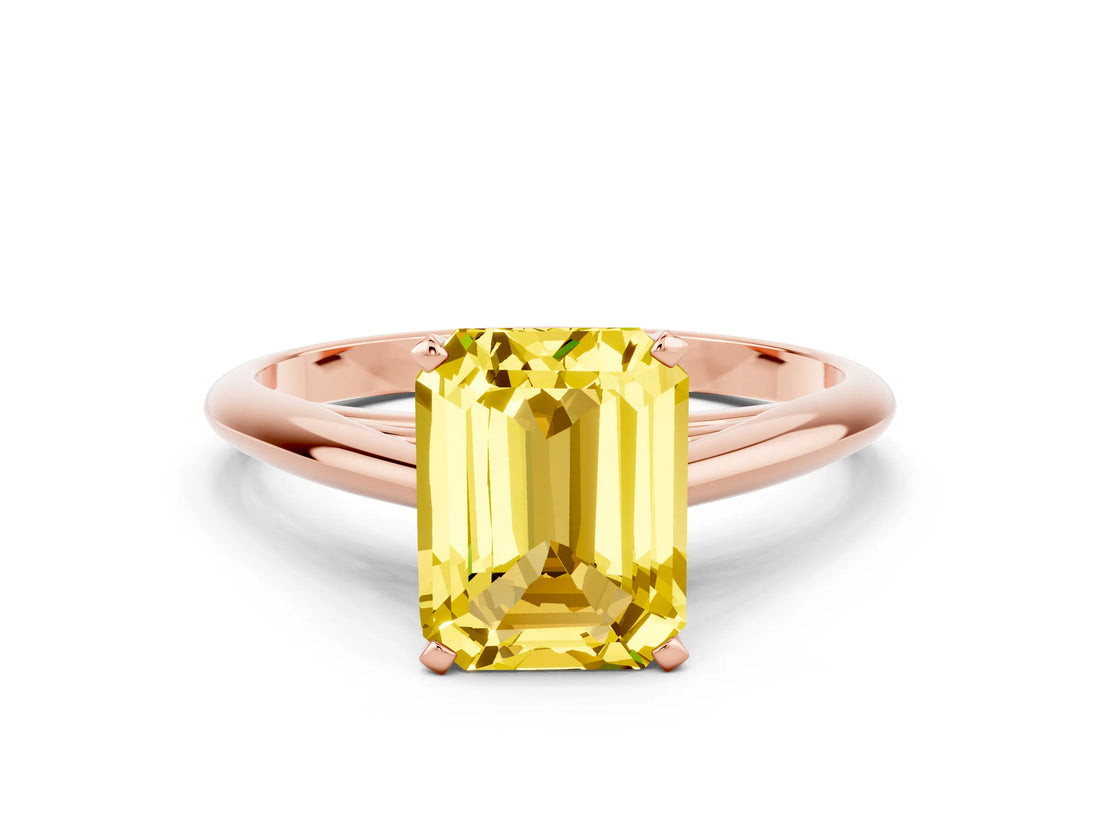 Rose gold Emerald Cut Yellow Sapphire Solitaire Engagement Ring with Cathedral Setting and Four-Prong Mount_66
