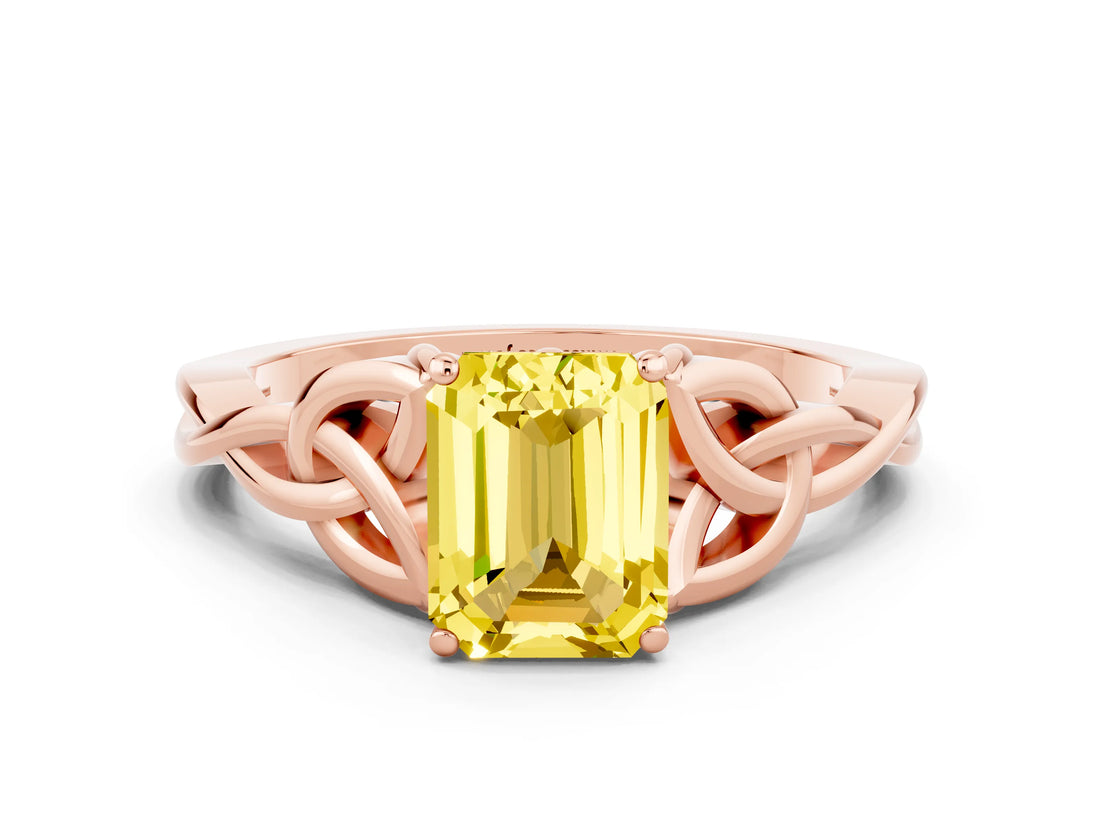 Rose gold Emerald Cut Yellow Sapphire Solitaire Engagement Ring with Celtic Knot Band and Four-Prong Setting_24