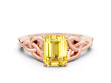 Rose gold Emerald Cut Yellow Sapphire Solitaire Engagement Ring with Celtic Knot Band and Four-Prong Setting_24