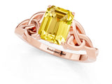 Rose gold Emerald Cut Yellow Sapphire Solitaire Engagement Ring with Celtic Knot Band and Four-Prong Setting_25