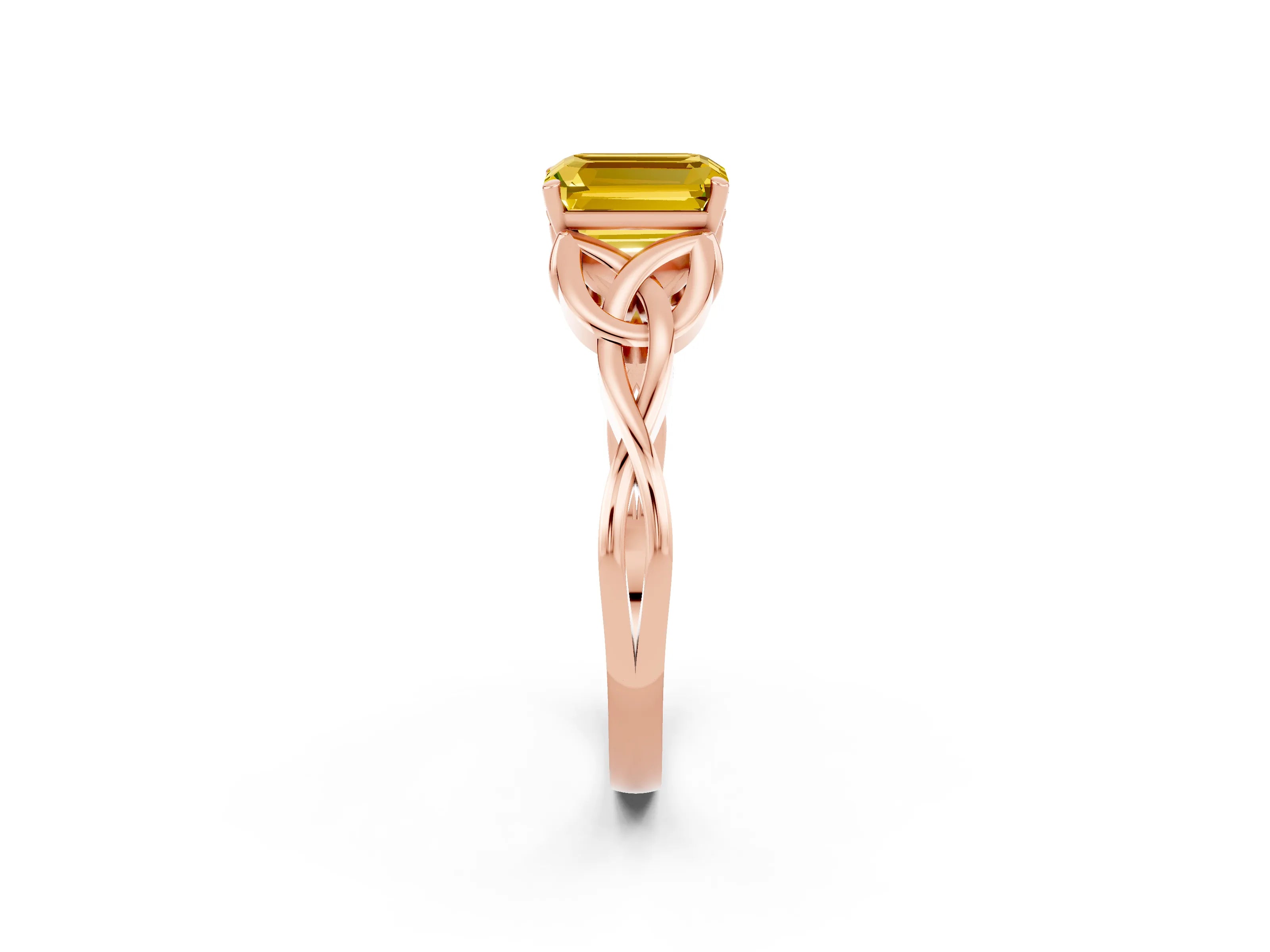 Rose gold Emerald Cut Yellow Sapphire Solitaire Engagement Ring with Celtic Knot Band and Four-Prong Setting_26