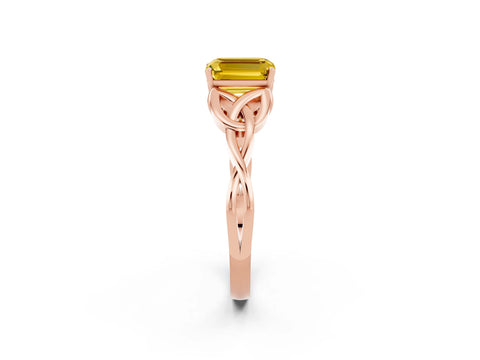 Rose gold Emerald Cut Yellow Sapphire Solitaire Engagement Ring with Celtic Knot Band and Four-Prong Setting_26