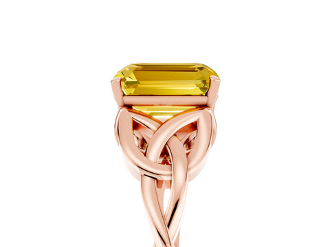 Rose gold Emerald Cut Yellow Sapphire Solitaire Engagement Ring with Celtic Knot Band and Four-Prong Setting_29