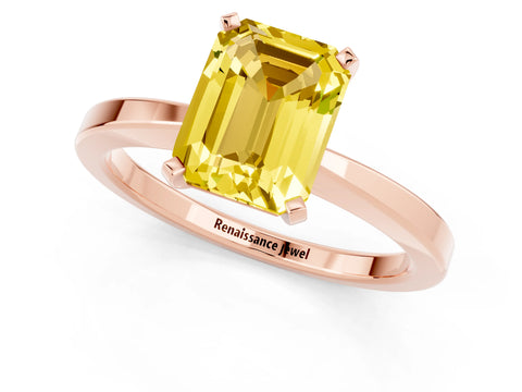 Rose gold Emerald Cut Yellow Sapphire Solitaire Engagement Ring with Classic Band and Four-Prong Setting_61
