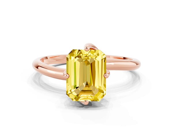 Rose gold Emerald Cut Yellow Sapphire Solitaire Engagement Ring with Four-Prong Setting and Classic Band