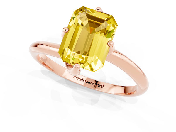 Rose gold Emerald Cut Yellow Sapphire Solitaire Engagement Ring with Four-Prong Setting and Classic Band