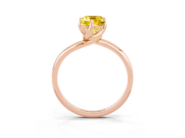 Rose gold Emerald Cut Yellow Sapphire Solitaire Engagement Ring with Four-Prong Setting and Classic Band