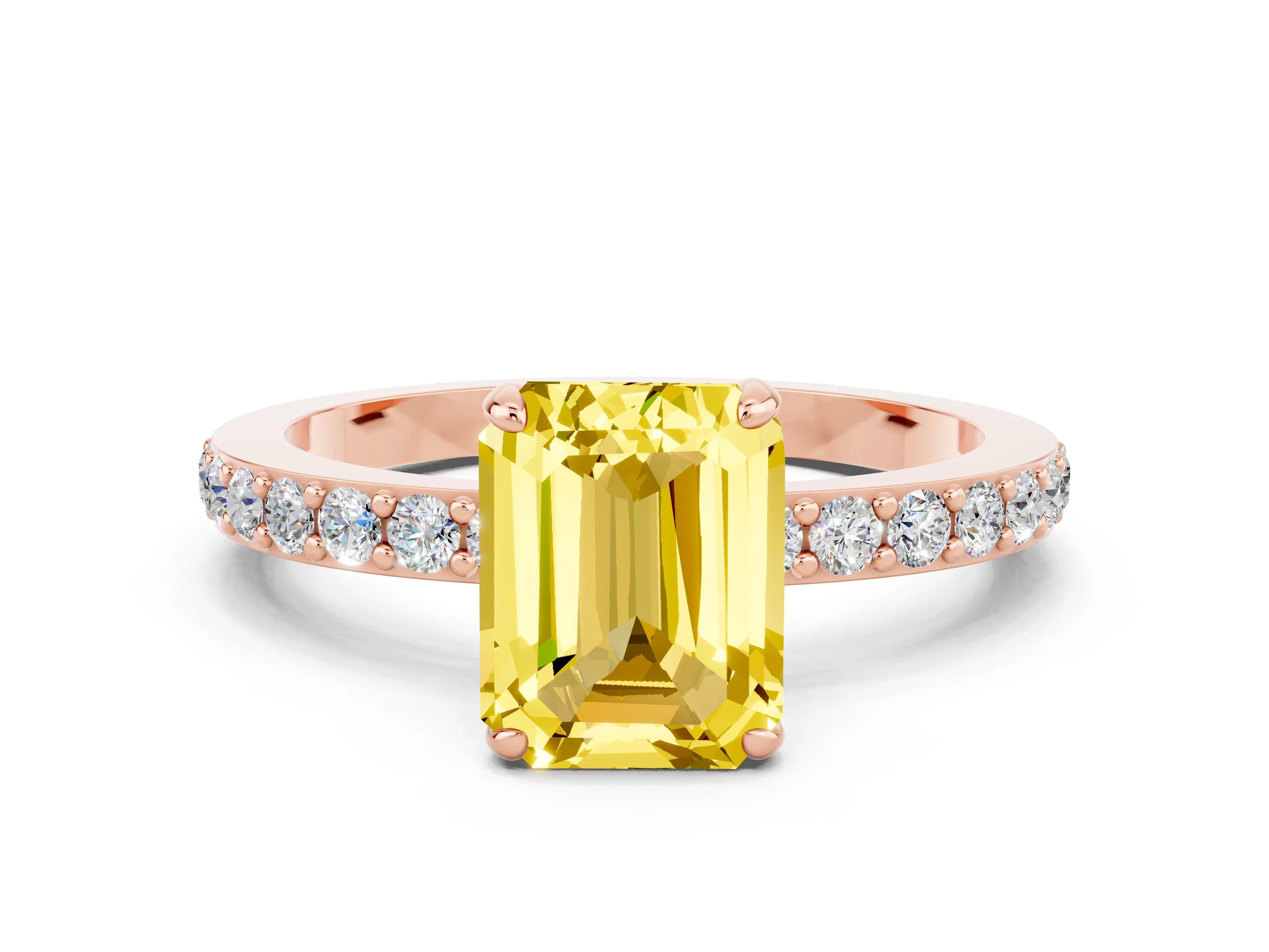 Rose gold Emerald Cut Yellow Sapphire Solitaire Engagement Ring with Pavé Band and Four-Prong Setting_24