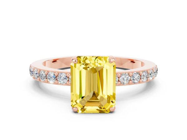 Rose gold Emerald Cut Yellow Sapphire Solitaire Engagement Ring with Pavé Band and Four-Prong Setting